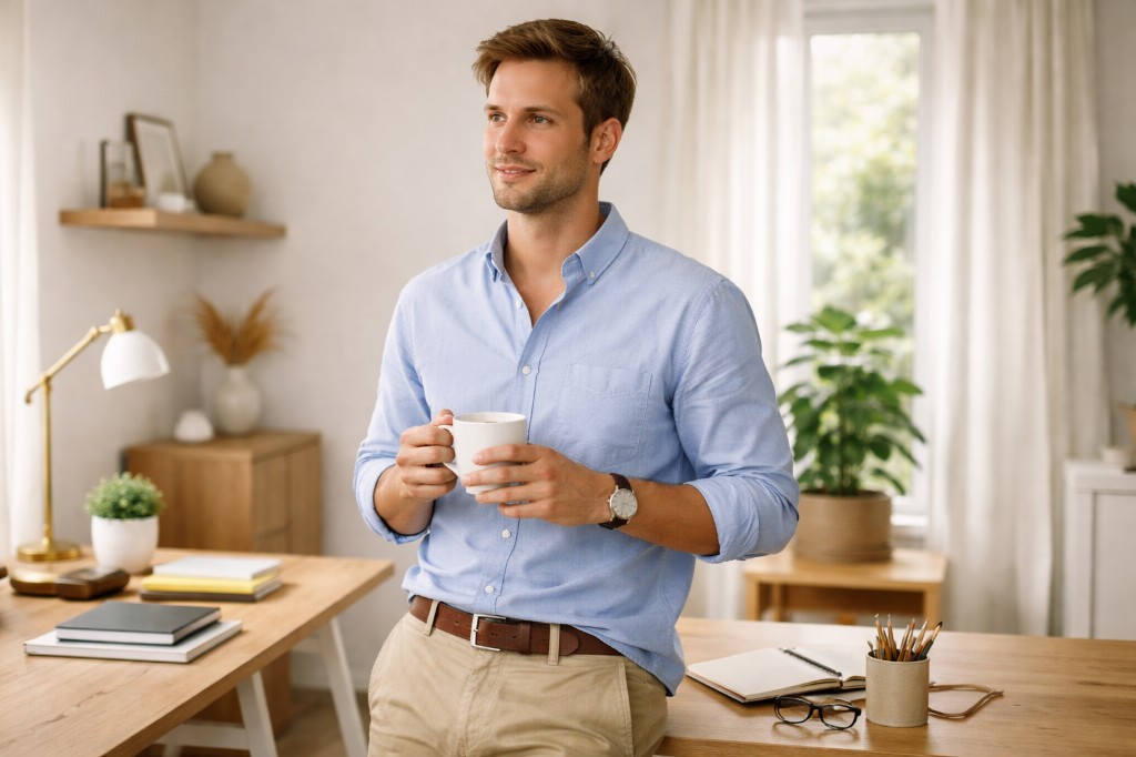 Professional in a home office taking a break with coffee