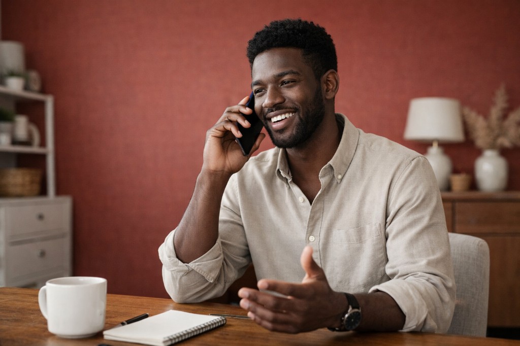 Professional on a phone call in a warm home office setting with coffee and notebook